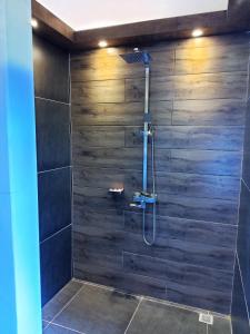 La salle de bains est pourvue d'une douche et d'un mur en bois. dans l'établissement Forest garden residence, à Bilar