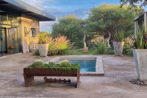 einen Garten mit einem Pool und einer Bank mit Pflanzen in der Unterkunft Hackberry House Black Thorn Cottage, Off Grid in Khemsbok