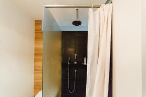 y baño con ducha y cortina de ducha. en M2 Living Apartment No 5, en Prerow