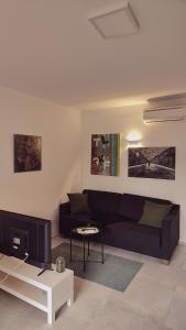 uma sala de estar com um sofá preto e uma televisão em SPA RESIDENZ NEUSIEDL APPARTMENTS em Neusiedl am See