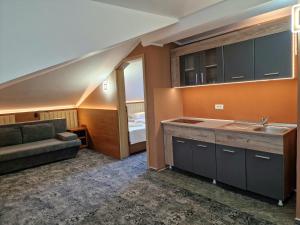 a kitchen with a sink and a couch in a room at Stay Inn Rediu in Iaşi