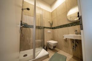 a bathroom with a shower and a toilet and a sink at Löwen Unterkunft Langenhagen in Hannover