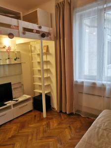 1 dormitorio con cama, ventana y TV en Liberty Bridge Zenta en Budapest