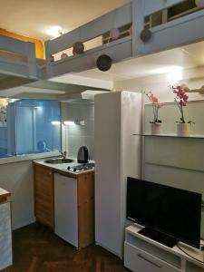 a kitchen with a refrigerator and a stove top oven at Liberty Bridge Zenta in Budapest
