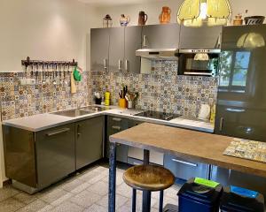 a kitchen with a sink and a counter top at Chalupa pod Milesovkou in Milešov