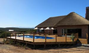 una casa con piscina e tetto di paglia di Klein Karoo Game Lodge a Oudtshoorn