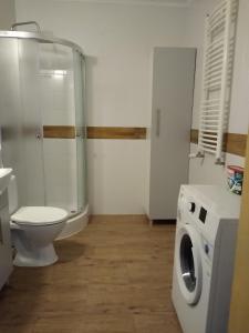 a bathroom with a toilet and a washing machine at APARTAMENT MARTA in Biłgoraj +26 photos
