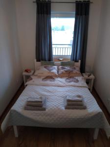 1 dormitorio con 1 cama grande y ventana en APARTAMENT MARTA, en Biłgoraj
