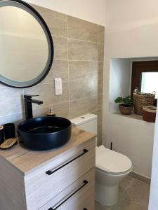 a bathroom with a sink and a toilet and a mirror at Charmante maison de village in Olmeto