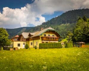 a house in a field of grass with a mountain at Kesselmannhof in Faistenau 
