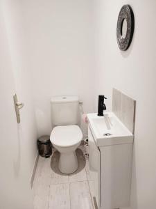 La salle de bains blanche est pourvue de toilettes et d'un lavabo. dans l'établissement maison spacieuse centre et plage, à Brest