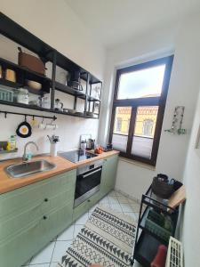 a kitchen with green cabinets and a sink and a window at Sonniges Altstadt Nest in Magdeburg