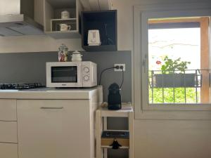 eine Küche mit einer Mikrowelle auf der Theke und einem Fenster in der Unterkunft Casa161 in Bologna