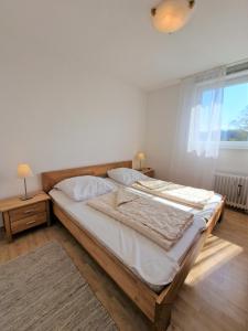 Un dormitorio con una cama grande y una ventana en Ferienpark M01-008 Ferienpark, en Heiligenhafen