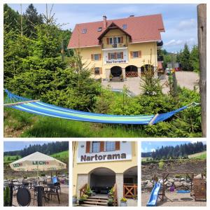 a collage of photos with a house and a hammock at Nartorama HotRest in Zieleniec