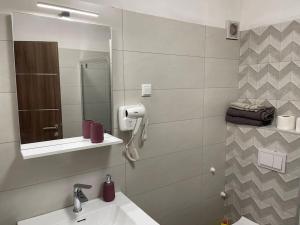 a bathroom with a sink and a mirror at Apartman 4YOU Central station - GARAGE - Self check in in Osijek