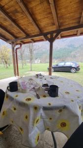 ein gefleckter Tisch mit einem auf einem Feld geparkten Auto in der Unterkunft Vila MM Boračko jezero in Konjic