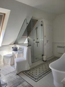 a bathroom with a shower and a toilet and a staircase at Villa De Dominique in Erdőbénye