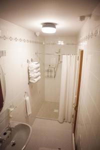 a bathroom with a shower and a sink at The Derg Arms B&B in Castlederg