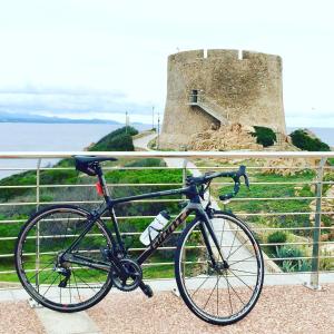 a bike parked on a railing next to the ocean at Il Busciolotto in Santa Teresa Gallura
