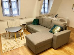een woonkamer met een bank en een tafel bij La Tour de Jeanne : Hypercentre charme et design in Rouen