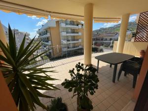 トルトレート・リドにあるCosta Adriatica Apartmentのバルコニー(テーブル、鉢植えの植物付)
