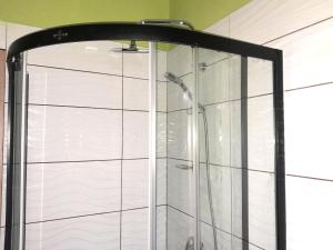 um chuveiro com uma porta de vidro na casa de banho em Noclegi u Barbary em Nasiczne