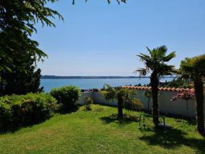 a garden with palm trees and a boat in the water at Apartments Vila Toni in Portorož