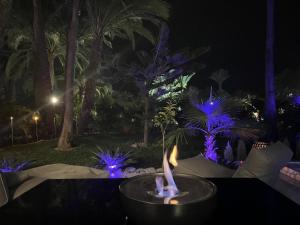 un tavolo a lume di candela con luci blu in un giardino di notte di Sun Club Luxus Bungalow Projecto 65 a Maspalomas