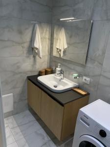 a bathroom with a sink and a washing machine at NEW Brilant Apartment in Tirana