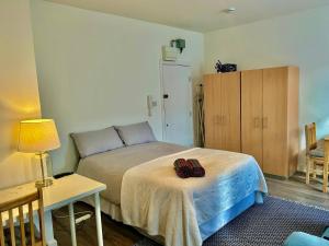 a bedroom with a bed and a table with a lamp at Studio 5 mins walk from Seven Sisters Station in London