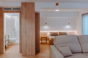 穆尔西亚Apartamentos Santa Isabel的带沙发的客厅和浴室。