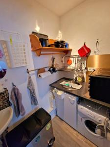 una pequeña cocina con lavadora y fregadero en Gästequartier mittendrin in Coswig Anhalt, en Coswig