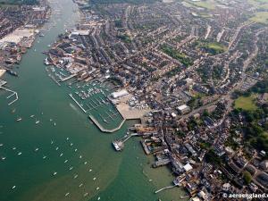 an aerial view of a harbor with boats in the water at Endeavour House in Cowes