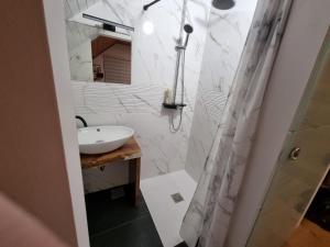 y baño con lavabo y ducha. en Savinja River Residence, en Ljubno