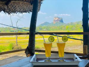 Lucky Villa Sigiriya في سيجيريا: كأسين من البيرة على صينية على طاولة