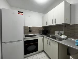 TrapicheにあるSeafront Canteras Terrace Loungeの白いキャビネットと黒い食器洗い機付きのキッチンが備わります。
