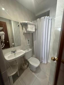 a bathroom with a toilet and a sink and a shower at Hotel Torino in El Masnou