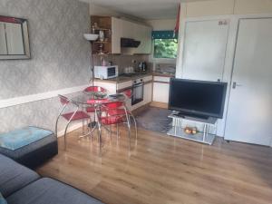 salon ze stołem i telewizorem oraz kuchnia w obiekcie Beautiful 2-Bed Villa in Camelford w mieście Camelford