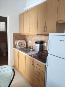 uma cozinha com armários de madeira e um frigorífico branco em IONIAN PEARL em Borsh