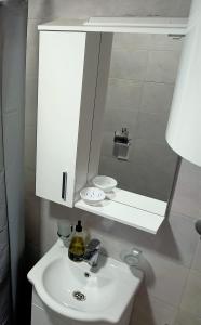 W łazience znajduje się biała umywalka i lustro. w obiekcie Holiday in the National park Lovcen w mieście Cetynia