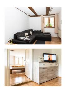 two pictures of a living room with a couch and a tv at Naturidyl Schneckenbuch in Weißensberg