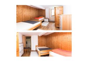 two pictures of a room with two beds at Naturidyl Schneckenbuch in Weißensberg