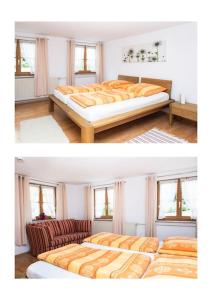 two pictures of a bedroom with two beds and a couch at Naturidyl Schneckenbuch in Weißensberg