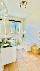 a bathroom with a tub and a sink and a bath tub at Les agapanthes - vue mer in Roscanvel