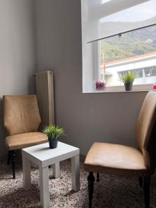 ボルソ・デル・グラッパにあるAppartamenti Ziliottoの窓のある客室で、椅子2脚とテーブル1台が備わります。