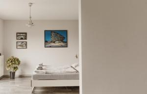 sypialnia z łóżkiem w białym pokoju w obiekcie Łódź Fabryczna Apartament w Łodzi
