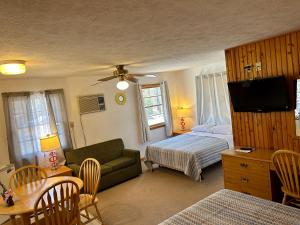 - un salon avec un canapé et un lit dans l'établissement Driftwood Resort Bull Shoals, à Bull Shoals