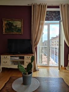 a living room with a television and a potted plant at Broadway apartament in Šiauliai +23 photos