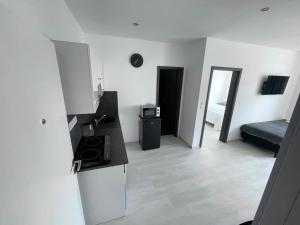 a white kitchen with a stove and a counter top at MG Apartments Štúrovo in Štúrovo